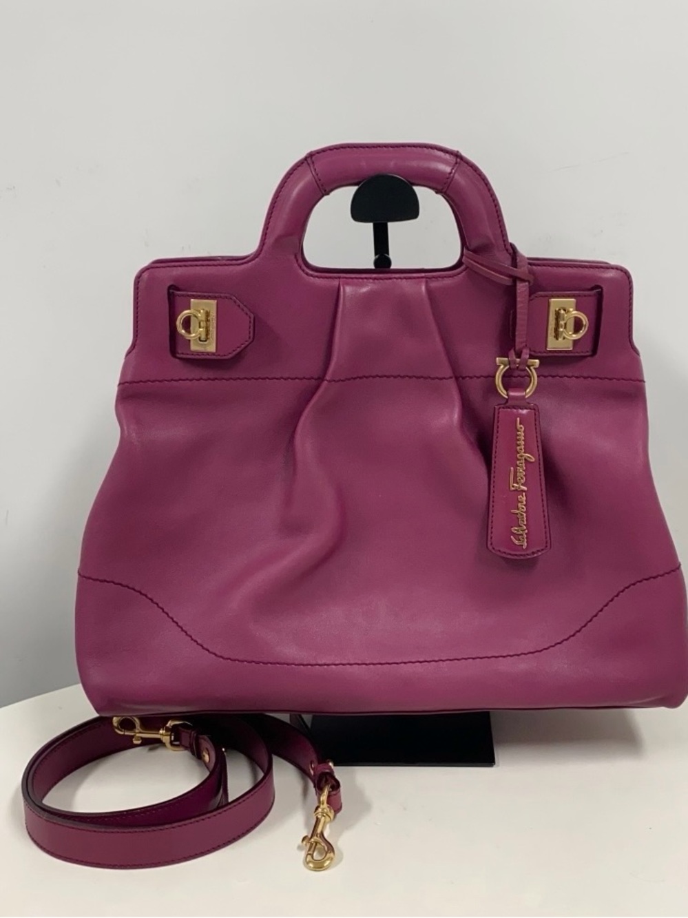 Salvatore Ferragamo Magenta Leather Top-Handle Shoulder Bag